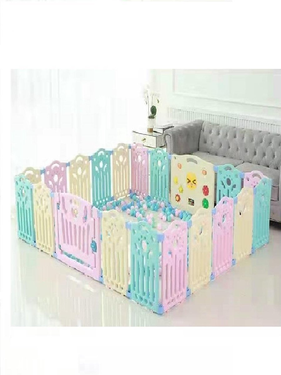 Kinderbox- Speelbox -Babybox -Speelpen-Boxen -Ballenbak - Grondbox - Kruipbox - voor Peuter en kind - Afscherming - met zuignappen  - 16 hekjes - 1 poort met slot - 1 speelmuur- 190 x 190 x 60cm