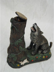 Spaarpot Mechanisch - Hond bij boom - Gietijzer - 19 cm hoog
