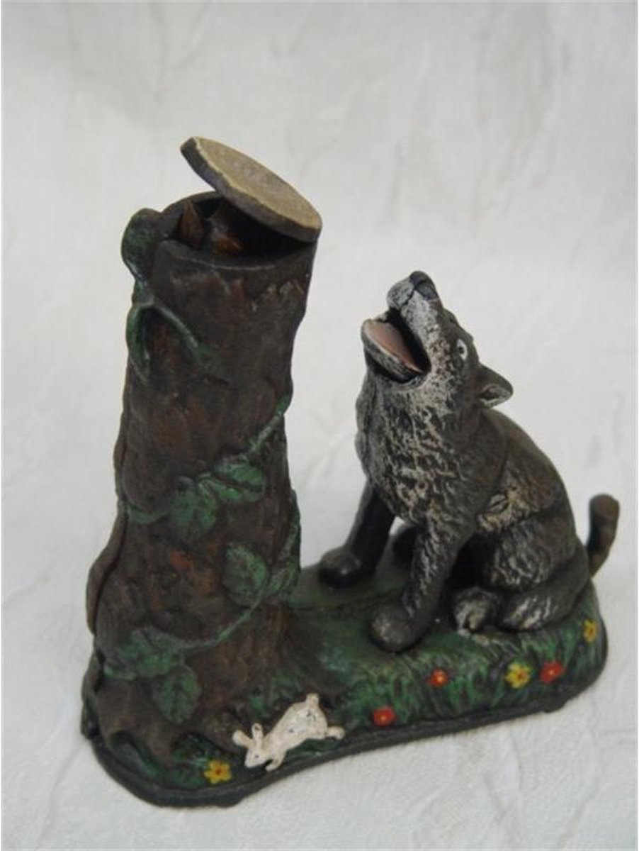 Spaarpot Mechanisch - Hond bij boom - Gietijzer - 19 cm hoog