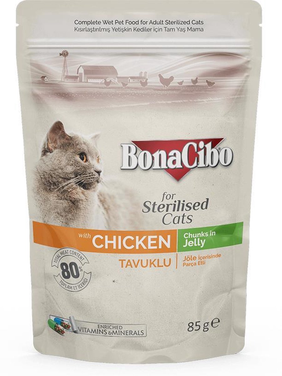 Bonacibo Pouch Kattenvoer Sterilised – Kip 12 x 85gr