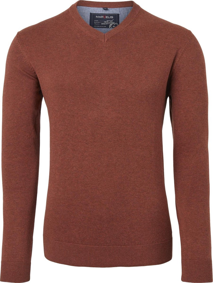 MARVELIS modern fit trui katoen - V-hals - roestbruin -  Maat: XL