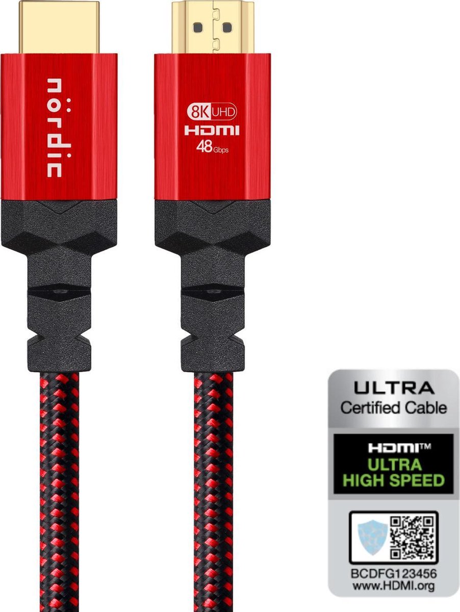 NÖRDIC HDMI-N1033 HDMI Ultra High Speed kabel - Gecertificeerd - 8K 60Hz - 48Gbps - Dynamische HDR eARC ondersteuning - HDMI 2.1 - 3m - Rood/Zwart