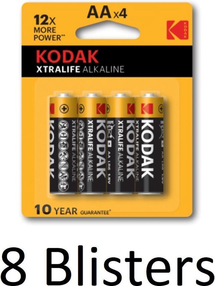 32 Stuks (8 Blisters a 4 st) Kodak Xtralife AA Alkaline Batterijen
