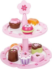 Houten speelgoed etagere met 9 gebakjes taart