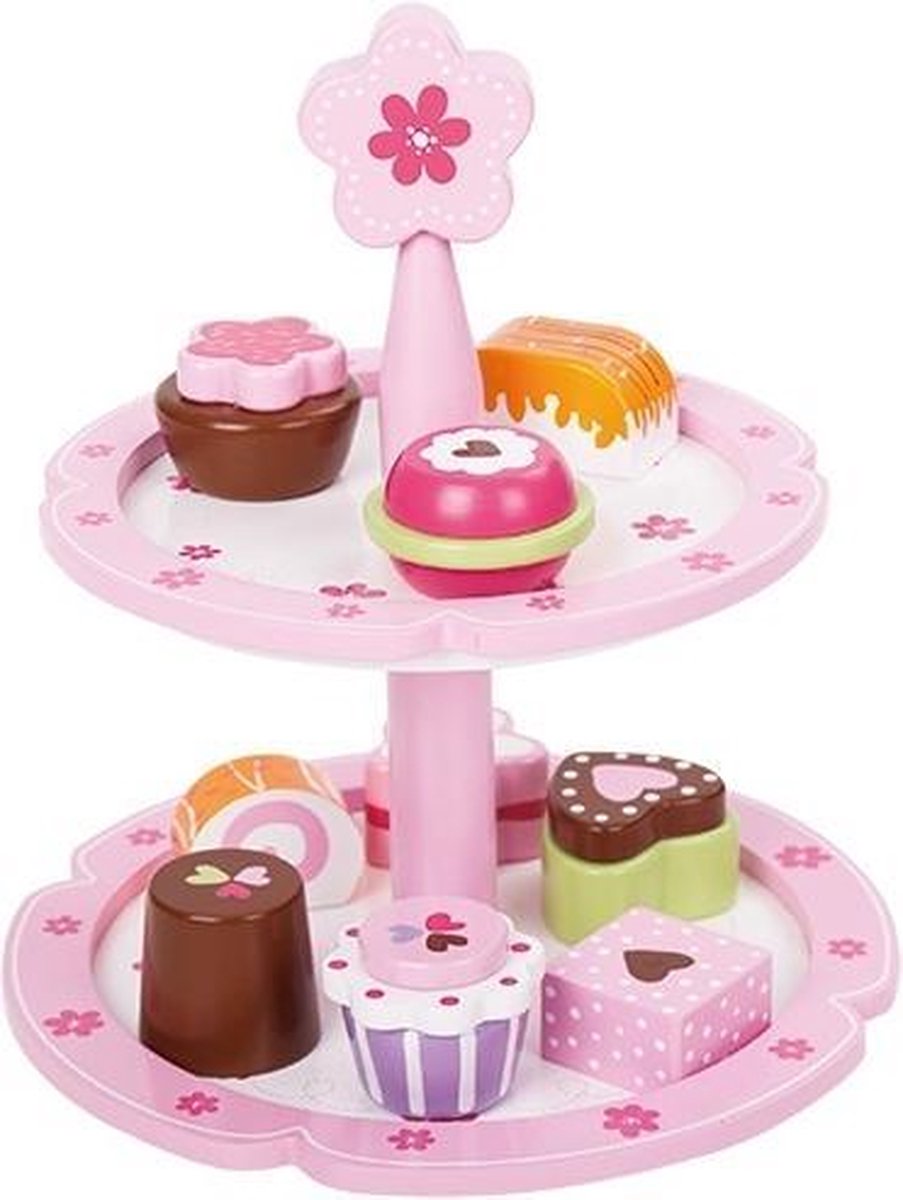 Houten speelgoed etagere met 9 gebakjes taart