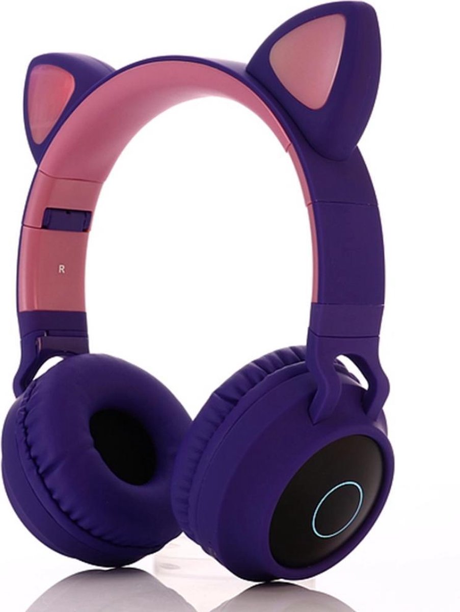 Koptelefoon Kinderen - Kinder Koptelefoon - Koptelefoon met Bluetooth - Zachte Oorkussens Koptelefoon voor Kinderen - Met Led Kattenoortjes - Paars