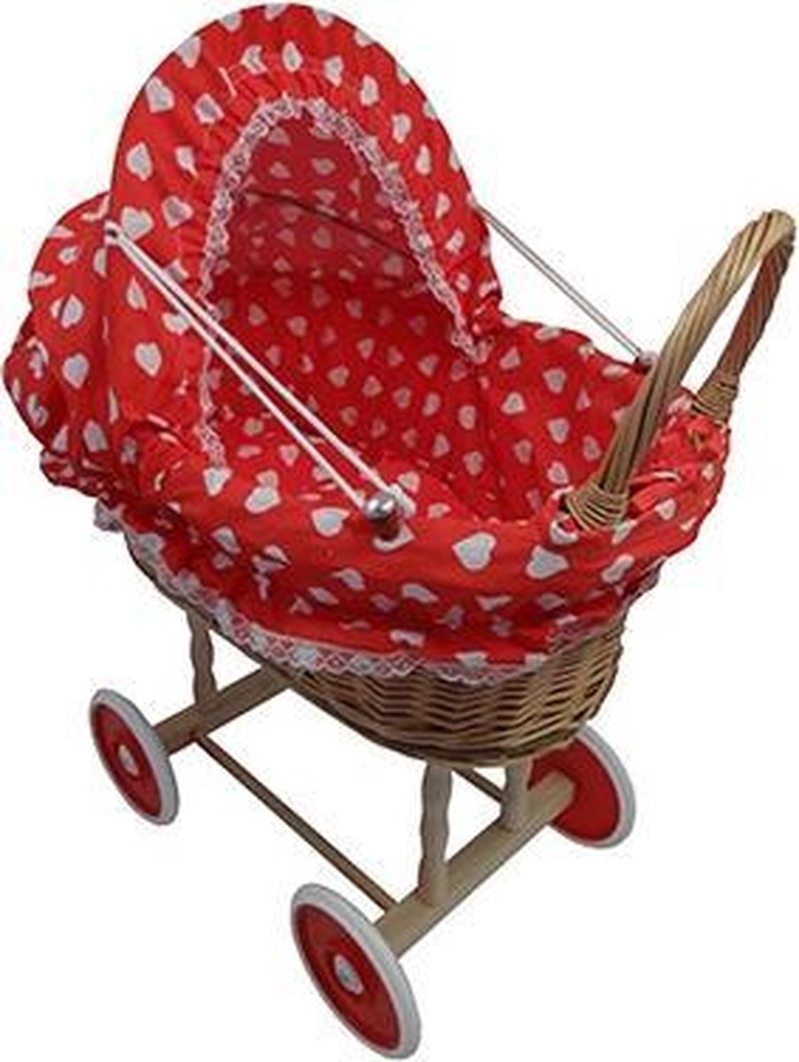 Playwood - Rieten poppenwagen rood met grote hartjes met opvouwbare stoffen kap - Plastic wielen