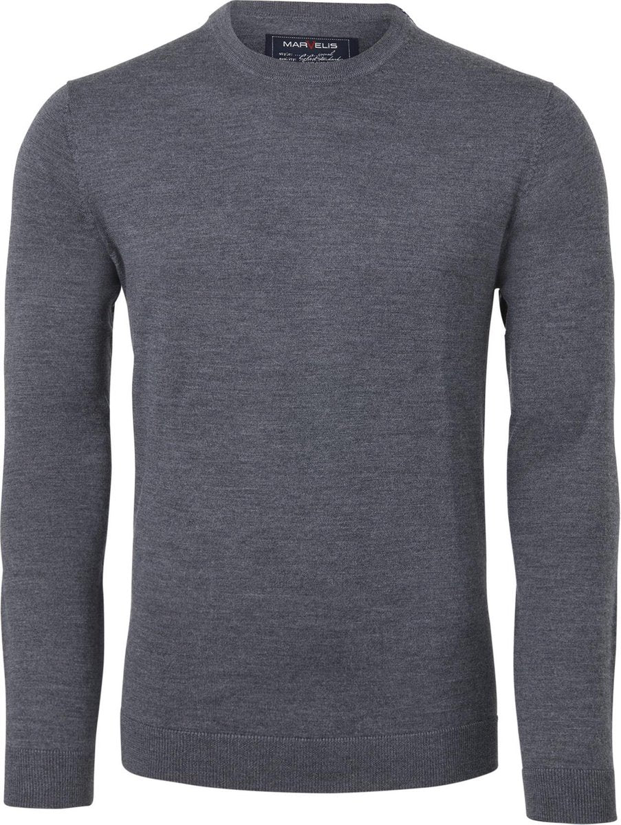 MARVELIS heren trui wol - O-hals - antraciet melange -  Maat: 3XL