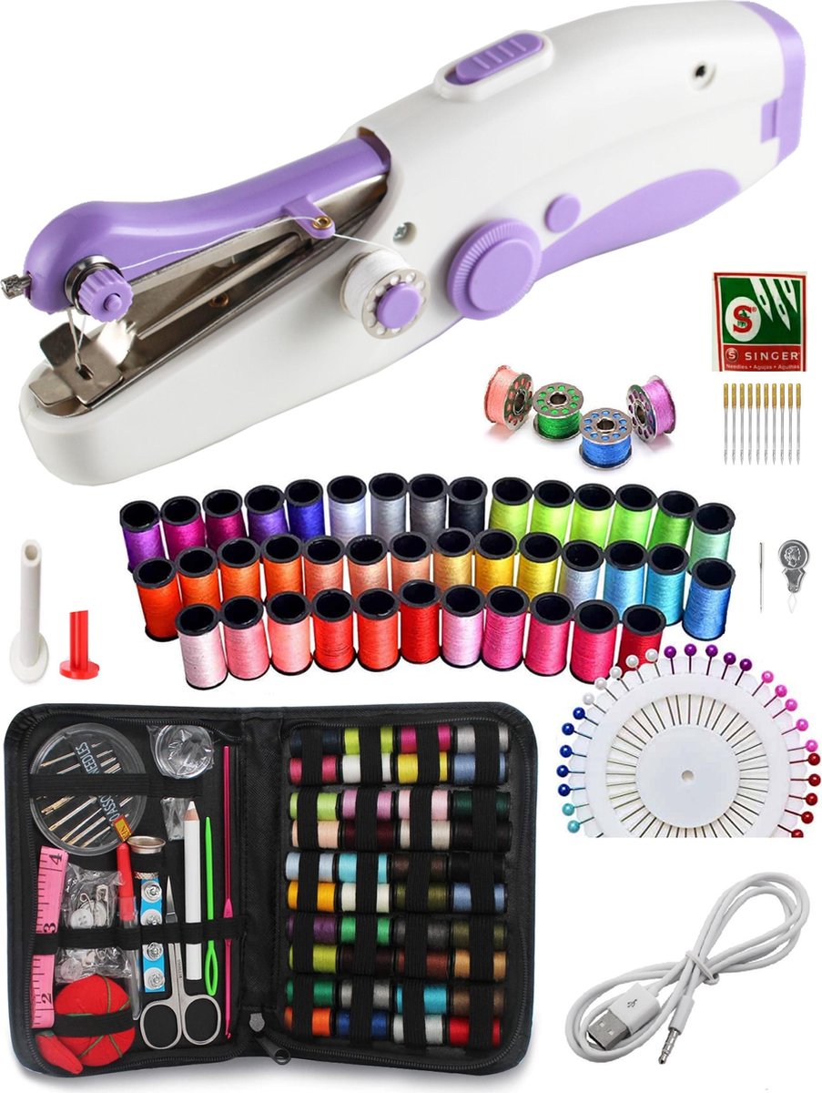 Deluxe Stitcher Pro -- PREMIUM Handnaaimachine met 141 Delige Starterskit met USB Kabel -- Incl 11 reserve naalden -- Draagbare Reis Hand Naaimachine -- Incl. 44 spoelen met garen -- Draadloos