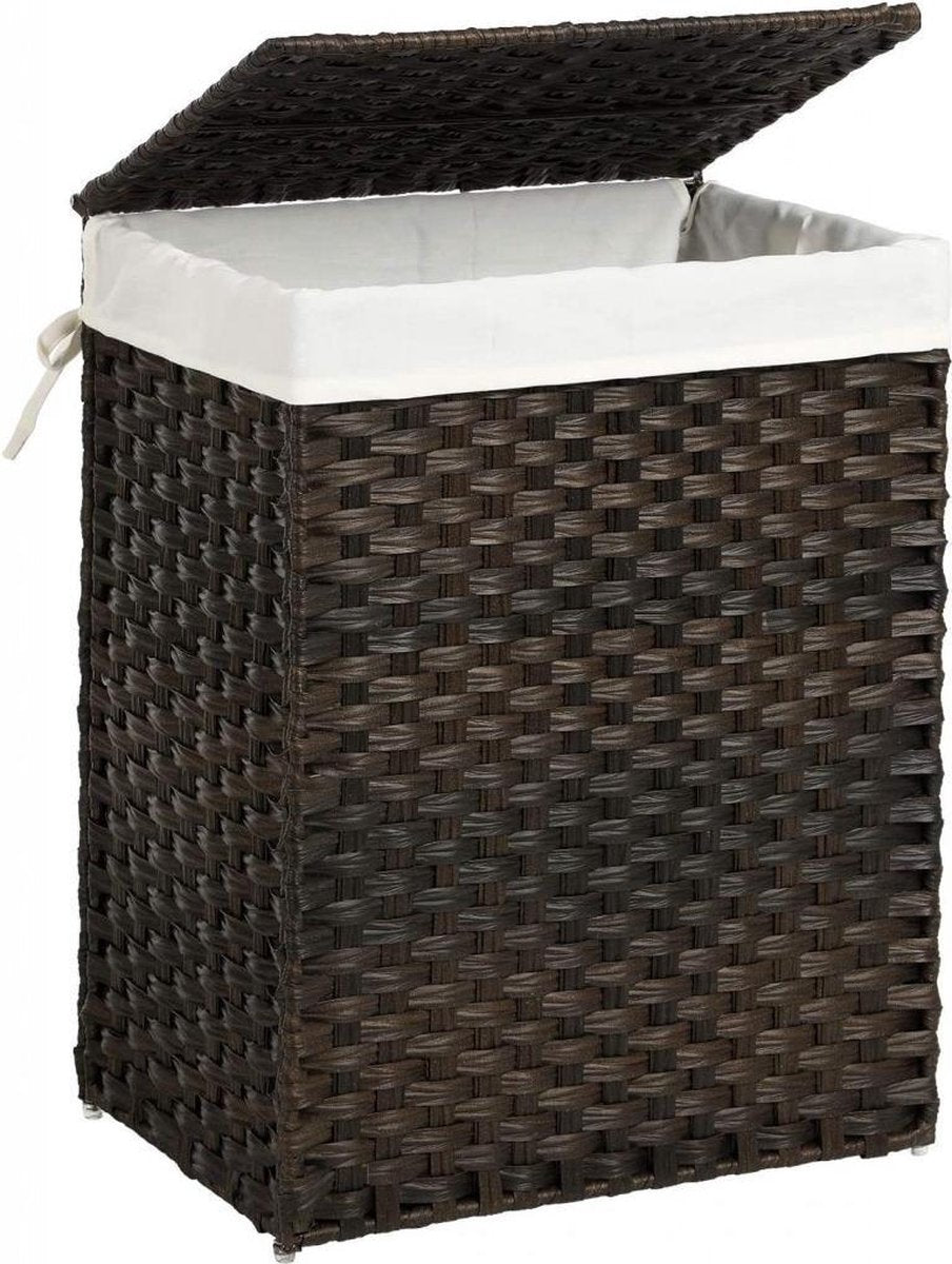 XL Luxe Opvouwbare Rotan Wasmand Met Deksel - Wasgoed Mand - Wasbox Inclusief Stevige Uitneembare Katoenen Waszak Met Handvatten - Laundry Basket Met Hengsel - 90 Liter - Bruin