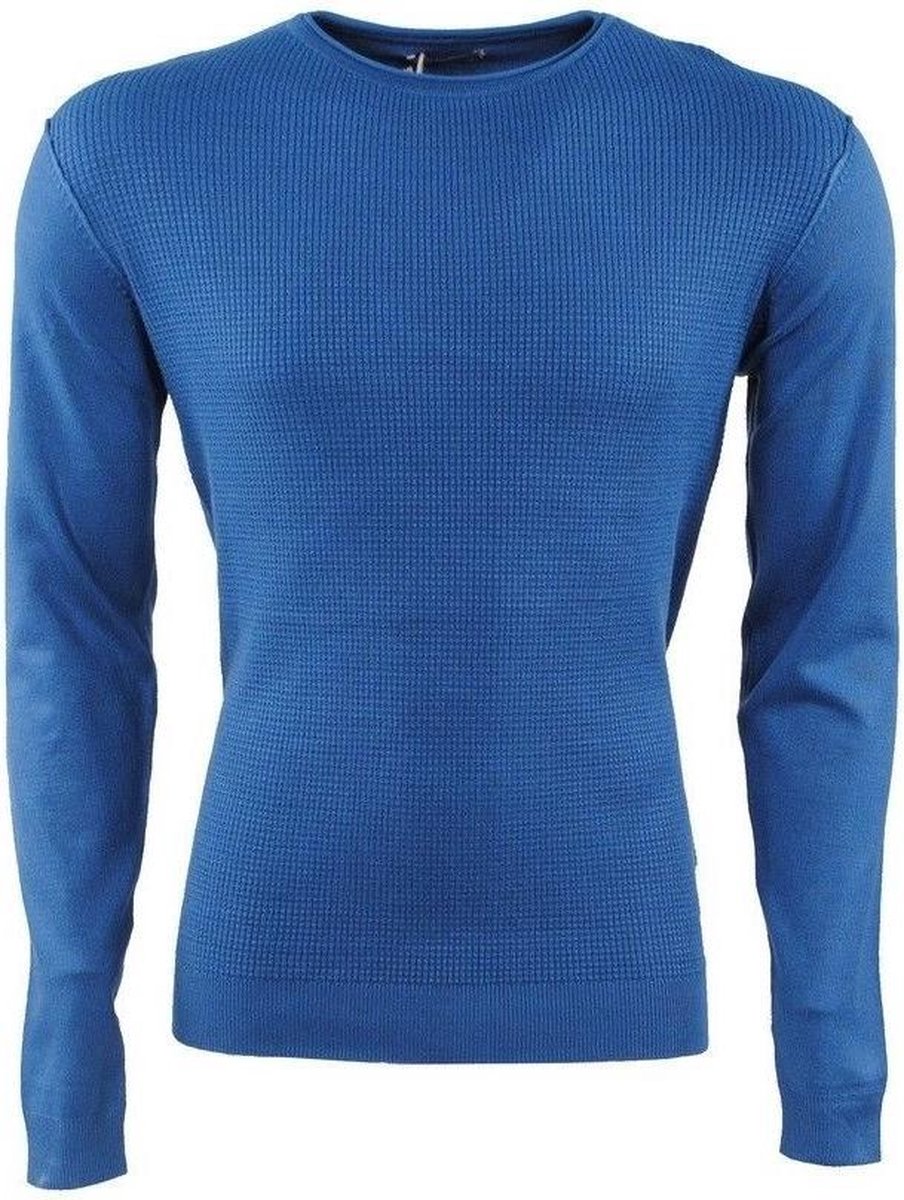 Earthbound - Heren Trui - Elleboog Pads - Ronde Hals - Fijn Gebreid - Slim Fit - Blauw