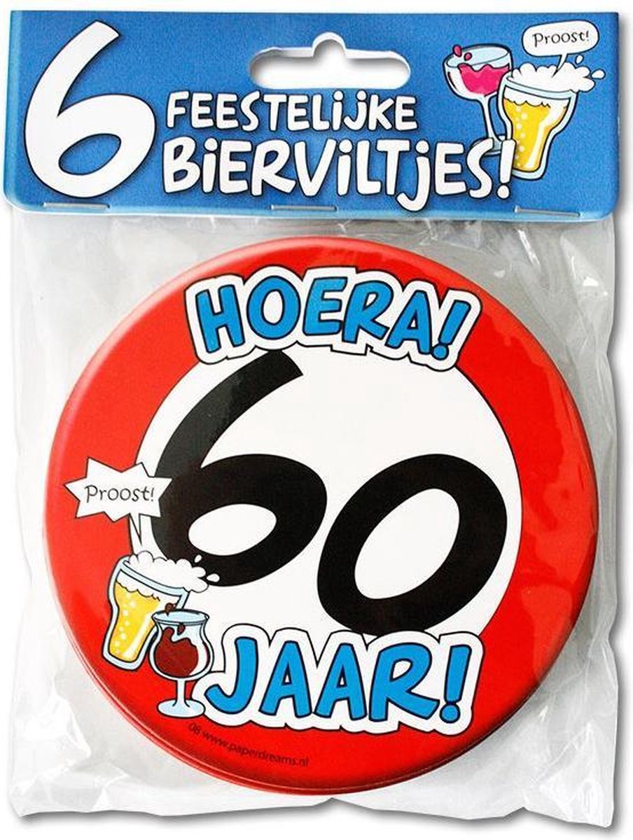 Bierviltjes hoera 60 jaar per 6 stuks