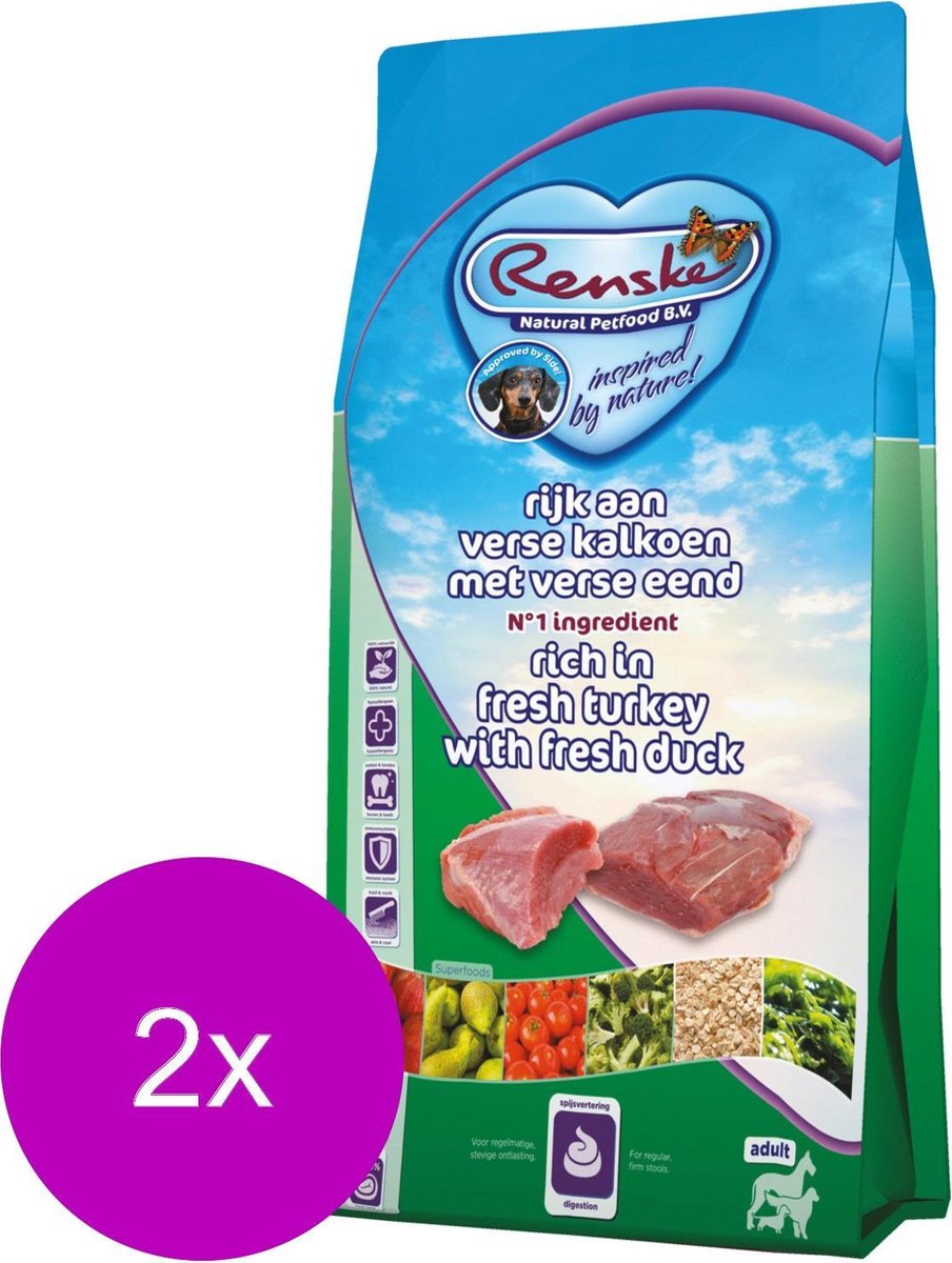 Renske Adult Kalkoen&Eend - Hondenvoer - 2 x 2 kg