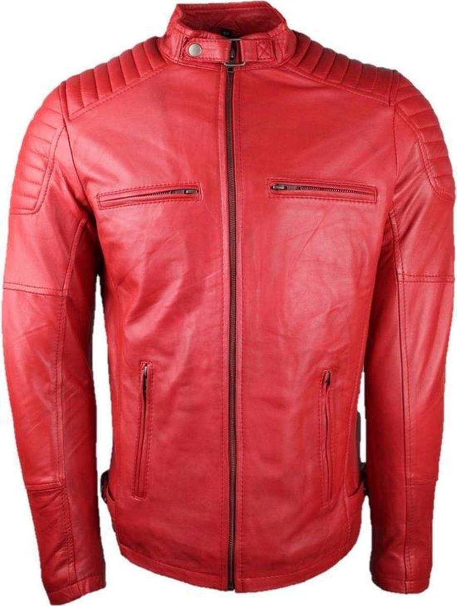 URBAN 5884® Ralph  Biker heren Rood Lams leren jack - 3XL