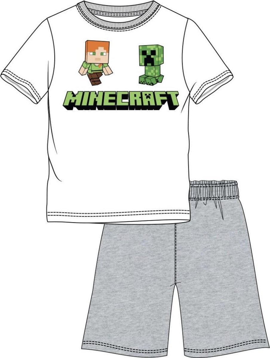 Minecraft pyjama korte mouw - wit - grijs -  maat 104 / 4 jaar
