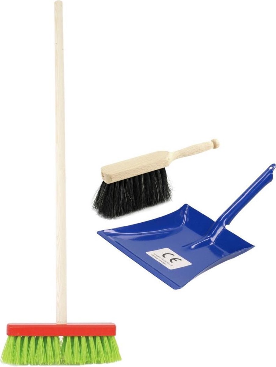 Kinder schoonmaak set bestaande uit stoffer en blik blauw met gekleurde bezem - 3-delige speelgoed set