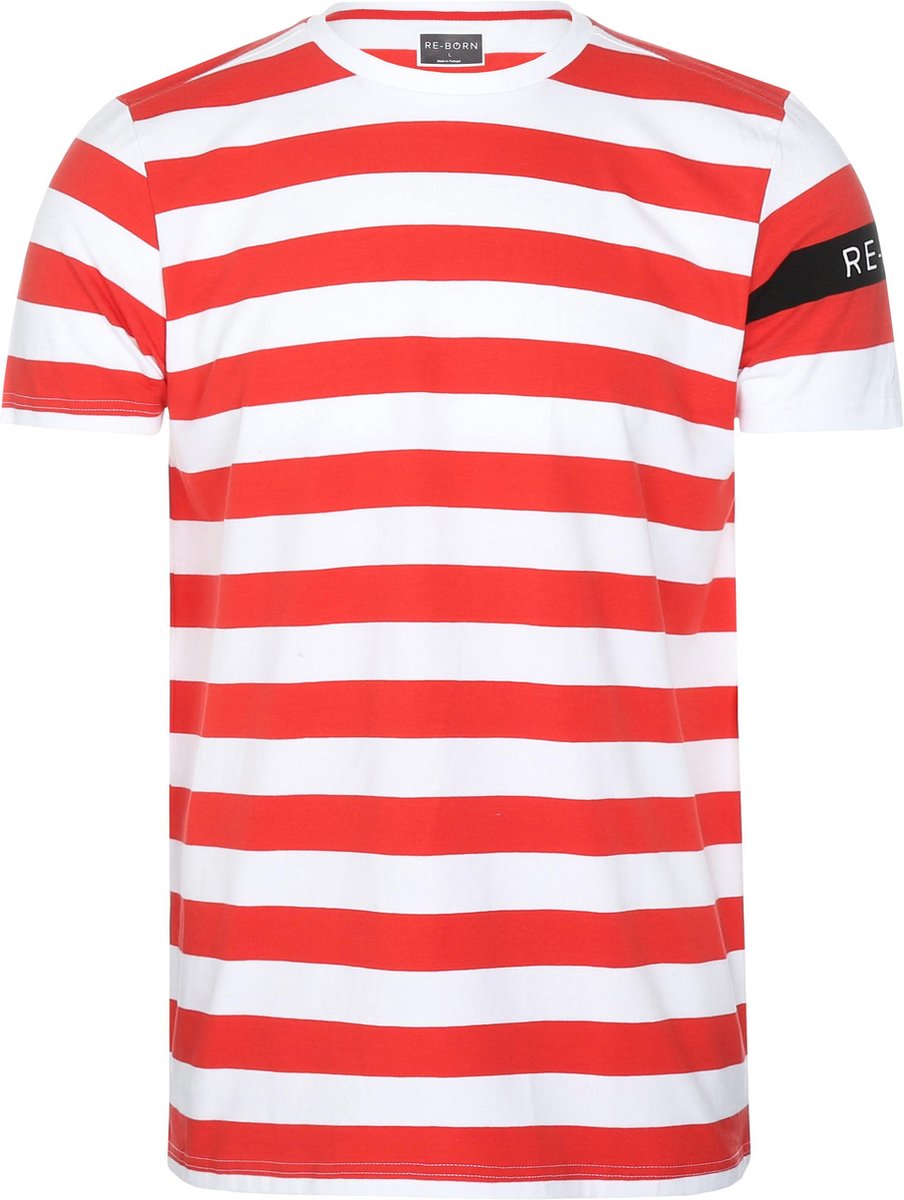 Re-Born Streep Korte Mouw T-shirt Heren - Rood/Wit - Maat XL