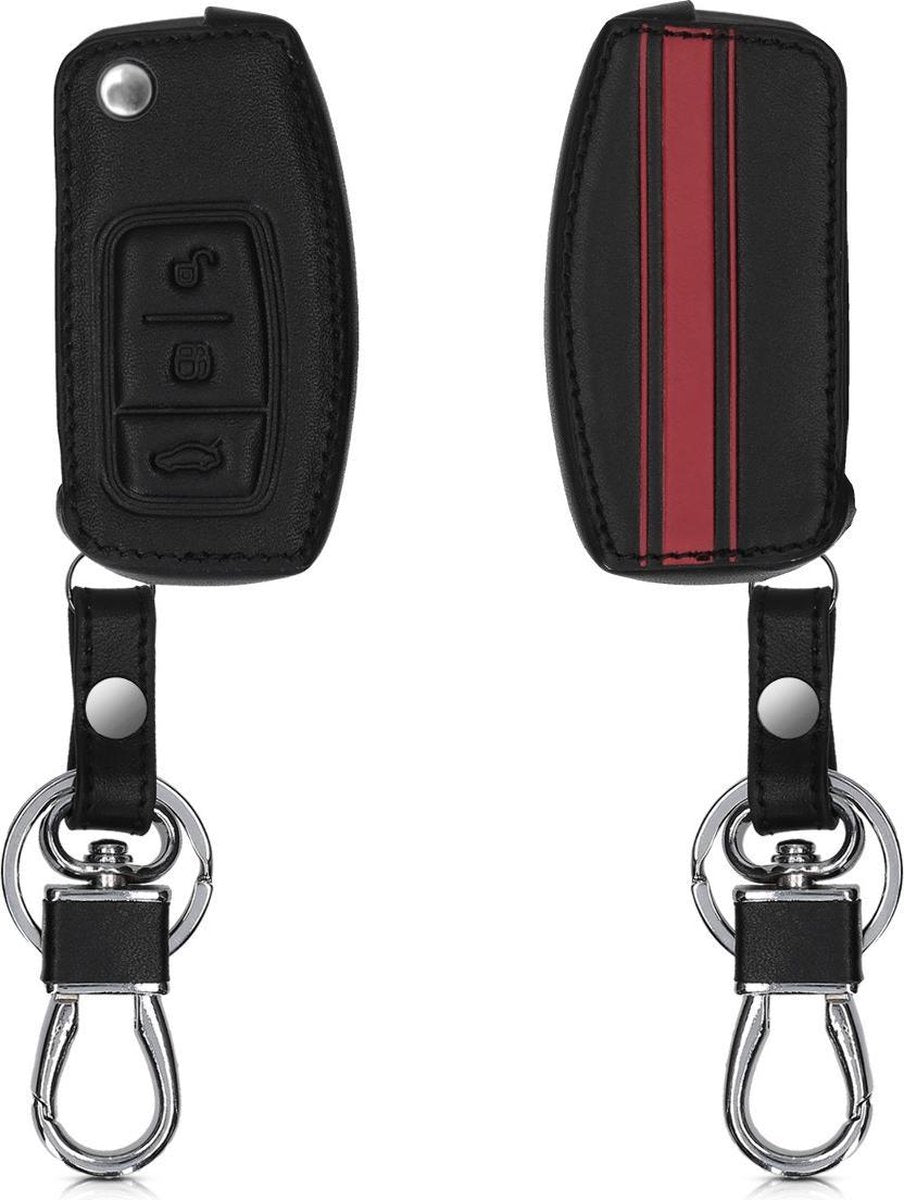 kwmobile autosleutelhoes voor Ford 3-knops inklapbare autosleutel - Hoesje van imitatieleer in rood / zwart - Rallystrepen design