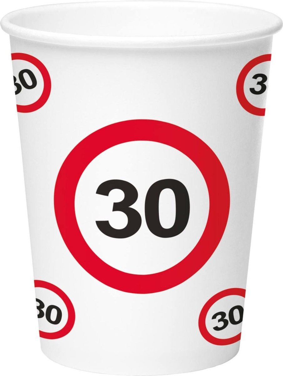 24x stuks drinkbekers van papier in 30 jaar verjaardag print van 350 ml - Stopbord/verkeersbord thema