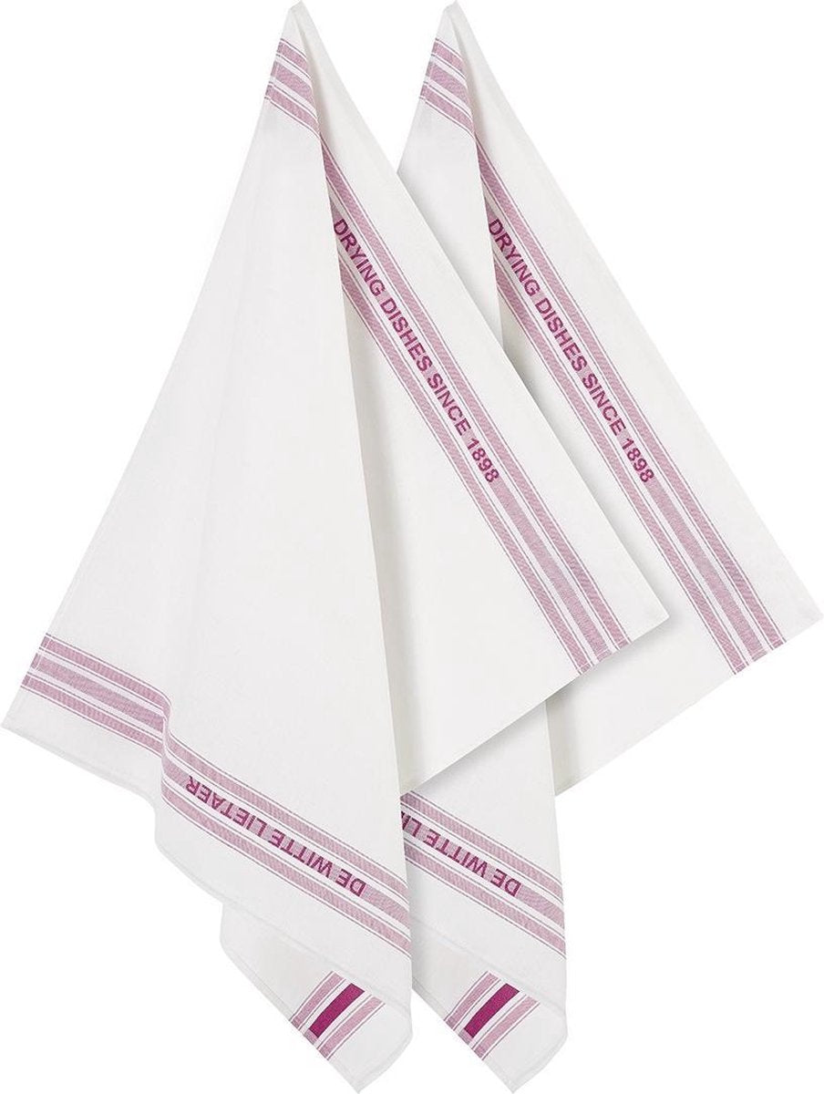 De Witte Lietaer Theedoek 65 X 70 Cm Linnen Wit/fuchsia 2 Stuks