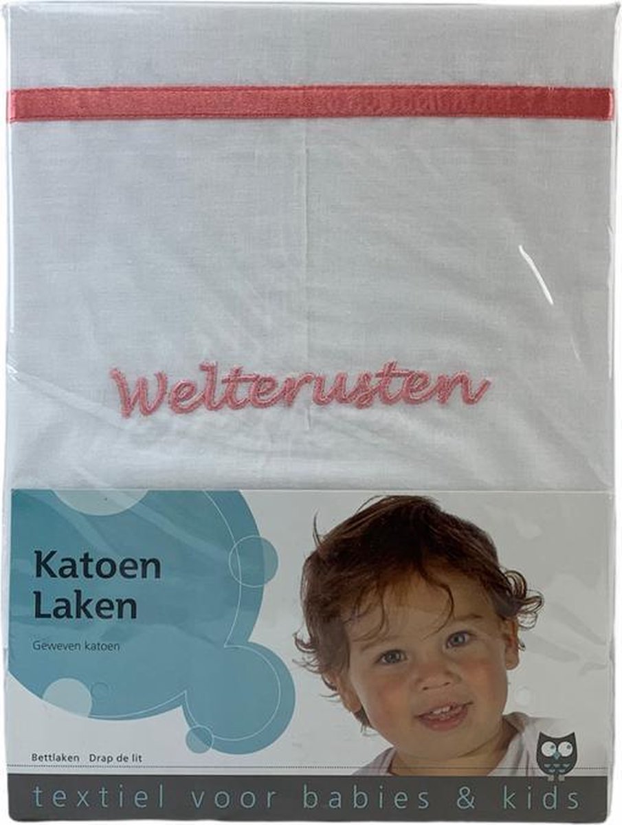 Welterusten laken Koraal Wiegje (75x100 cm) (wit + koraal borduur)