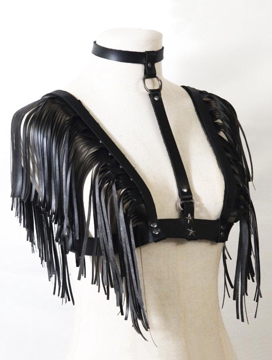 Sexy fringe body harnas zwart nep leer - XS S M - leren franje tuigje choker
