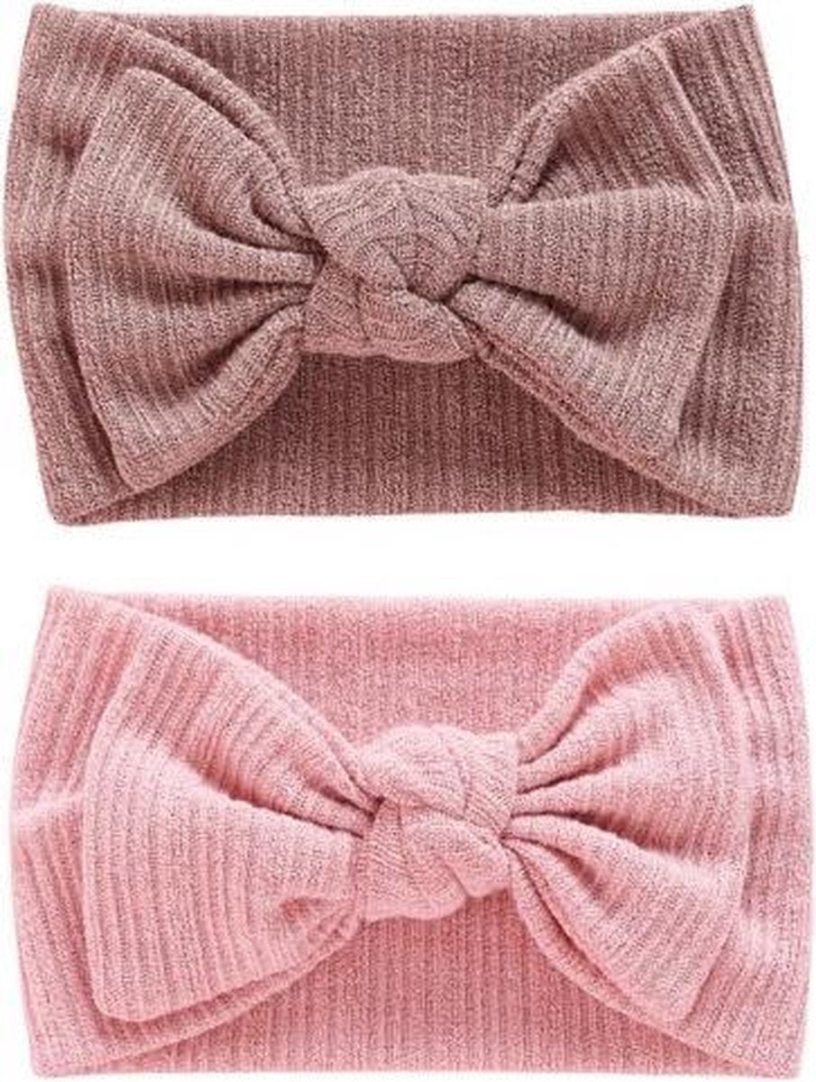 2 stuks - Brede Gebreide baby meisje haarbandjes met strik 3-18 maanden (0-1 jaar) - roze en taupe - brede hoofdbandjes