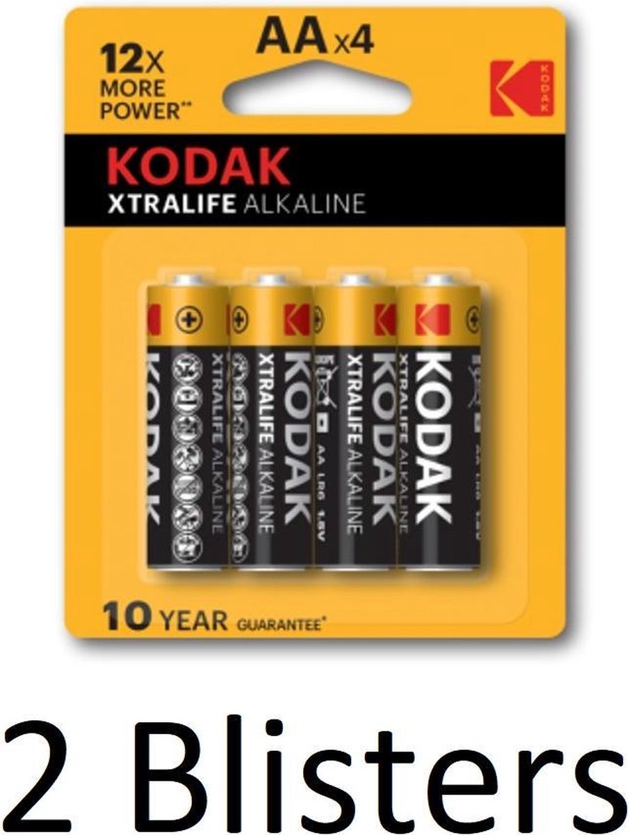 8 Stuks (2 Blisters a 4 st) Kodak Xtralife AA Alkaline Batterijen