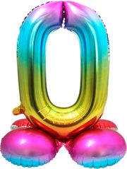 Folie Ballon Cijfer 0 Regenboog met standaard 72cm