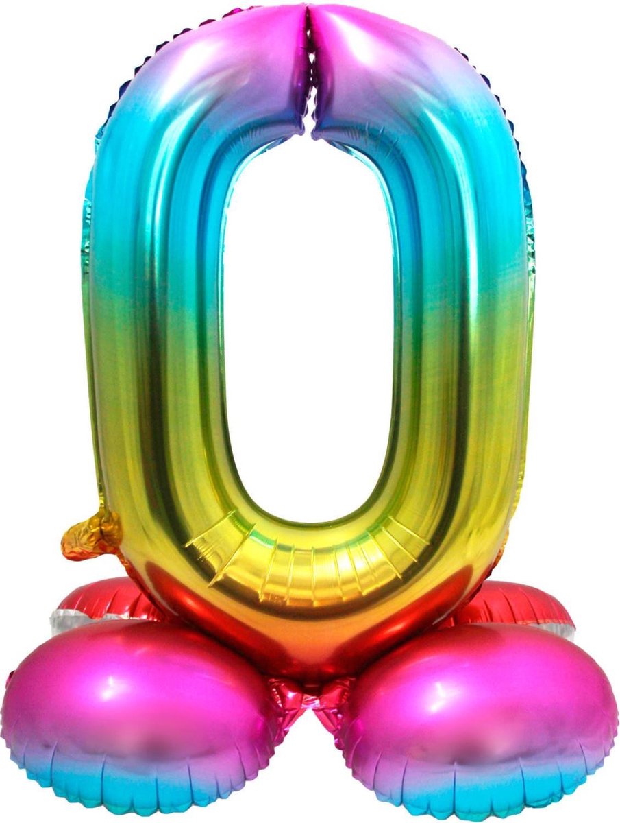 Folie Ballon Cijfer 0 Regenboog met standaard 72cm