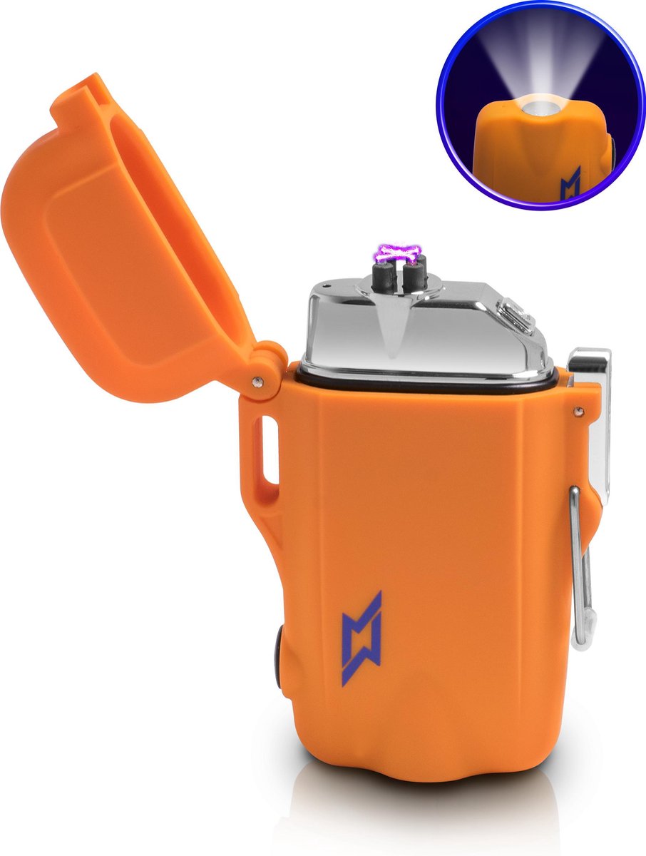 Superlit Plasma Aansteker – Elektrische Stormaansteker - Waterdicht met Militaire Zaklamp -  Ultimate Survival (Oranje)