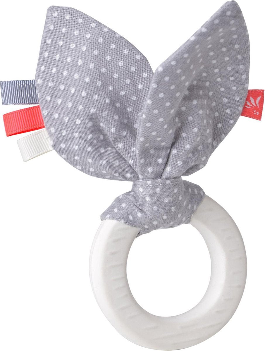 Kikadu bijtring konijnenoortjes grijs met witte bolletjes.