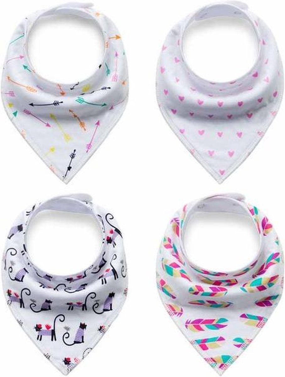 JillyBee - Slab - Slabbetje - Slabber - Bandana - 4pack - Veren - Poesje - Hartje - Pijltjes