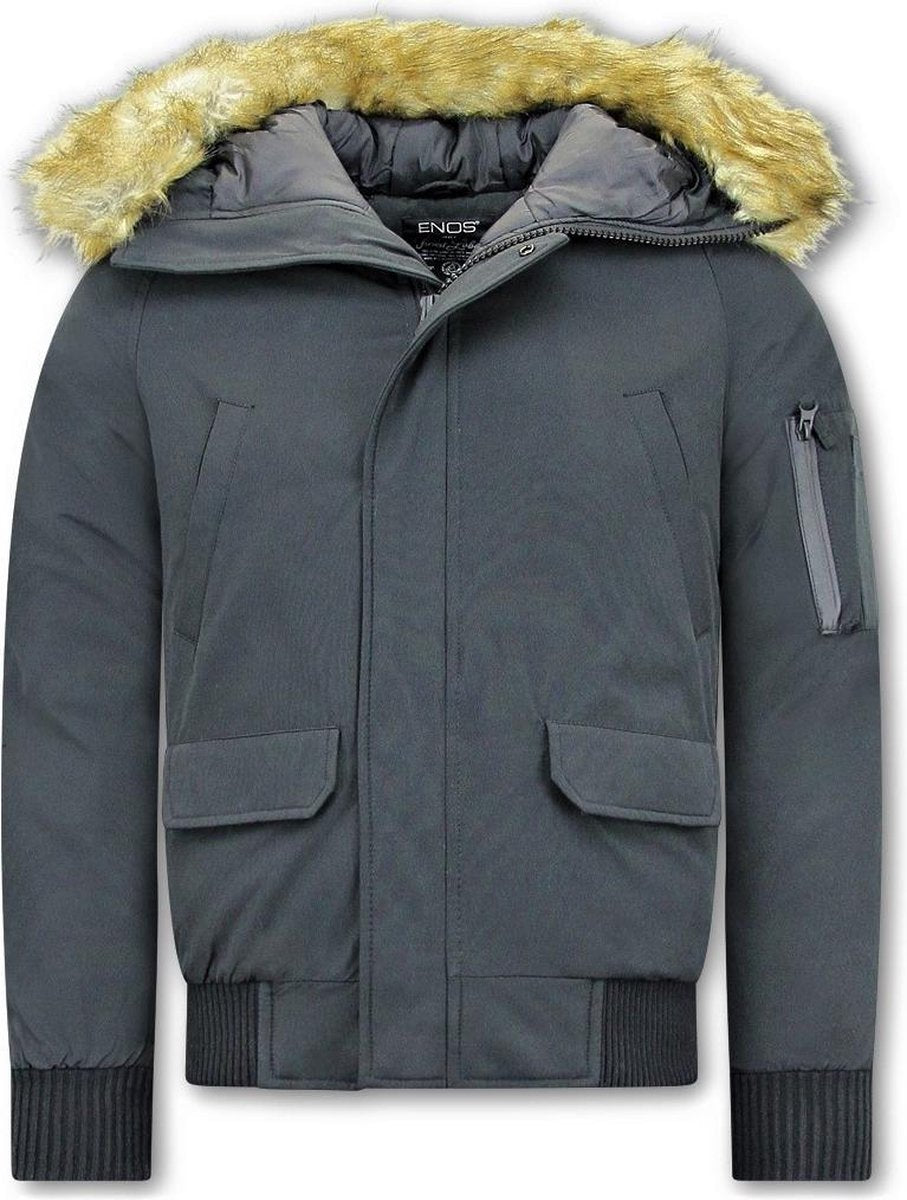 Enos Korte Heren Winterjas – Met Faux Bontkraag – Zwart - Maat: M