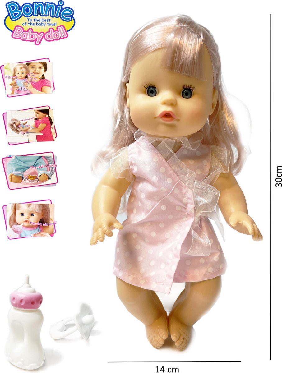 Babypop Bonnie interactief speelgoed -12 verschillende babygeluiden - kan drinken en plassen - 30CM