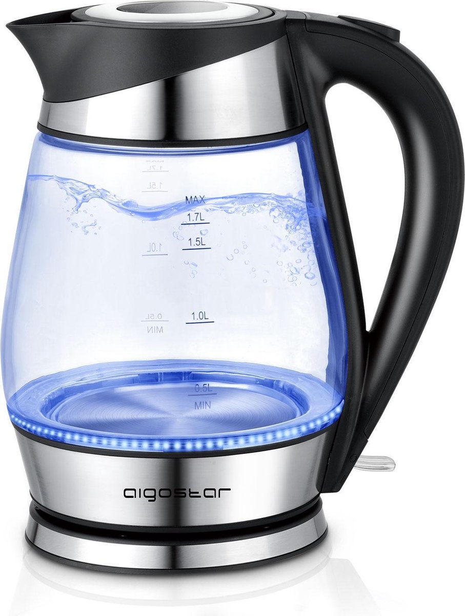 Aigostar Chubby 30LCZ -  Glazen Waterkoker met LED - RVS - Zwart