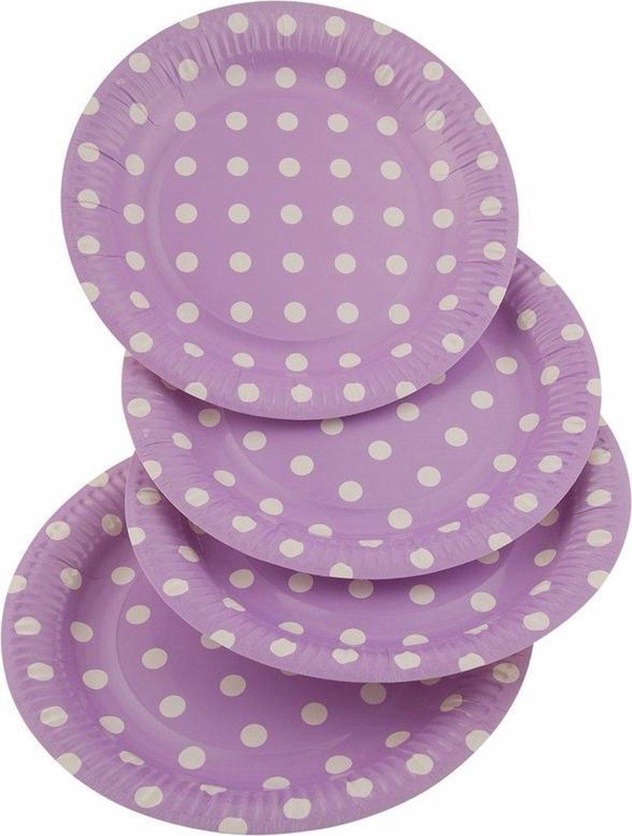 16x stuks Lila kartonnen feest bordjes met witte stippen 23 cm - Verjaardag feestartikelen