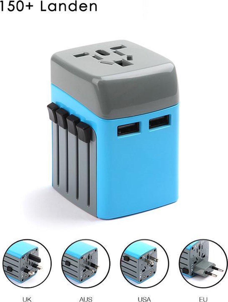 Universele Wereldstekker met 2 USB Poorten - Internationale Reisstekker voor 150+ landen - Engeland (UK) - Amerika (USA) - Azië - Australië - Zuid Amerika - Afrika - Oplader - Reis Adapter - Wereld Stekker – Blauw