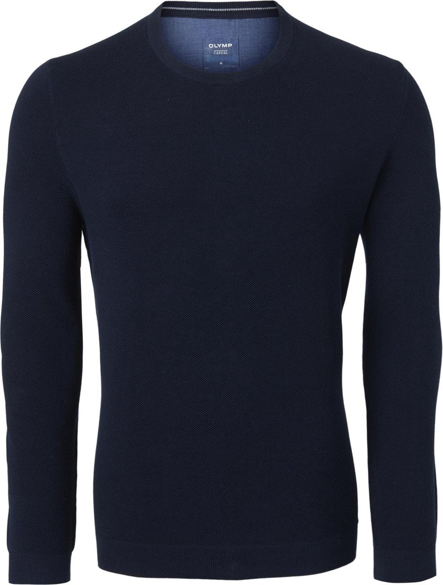 OLYMP modern fit trui katoen - O-hals - donkerblauw structuur -  Maat: 3XL