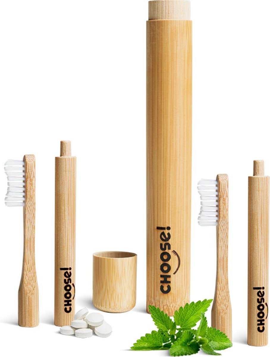 CHOOSE Bamboe Tandenborstelset (2x) + Tandenborstel Houder + Gratis Tandpasta Tabletten | Milieuvriendelijk | Vervangbare Borstel | Medium Borstel