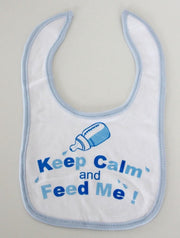 Slabbetje "Keep calm and feed me" blauw