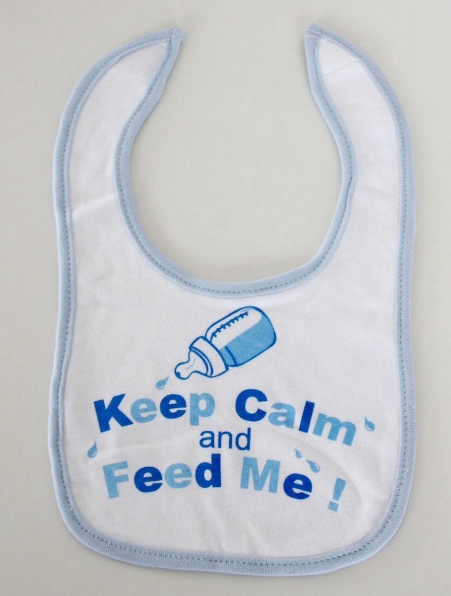 Slabbetje "Keep calm and feed me" blauw