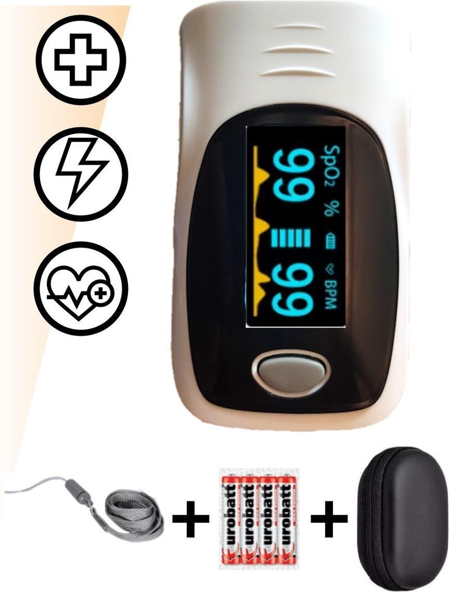 Saturatiemeter - Zuurstofmeter - Zuurstofmeter vinger - Hartslagmeter - Oximeter - Inclusief batterij en opbergetui