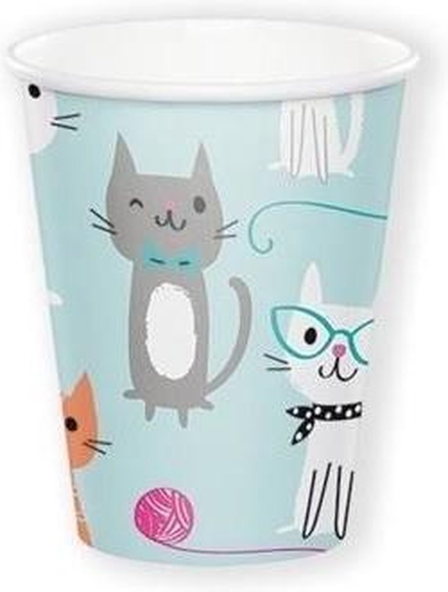 8x Katten/poezen thema bekertjes - 250 ml - wegwerpbekertjes