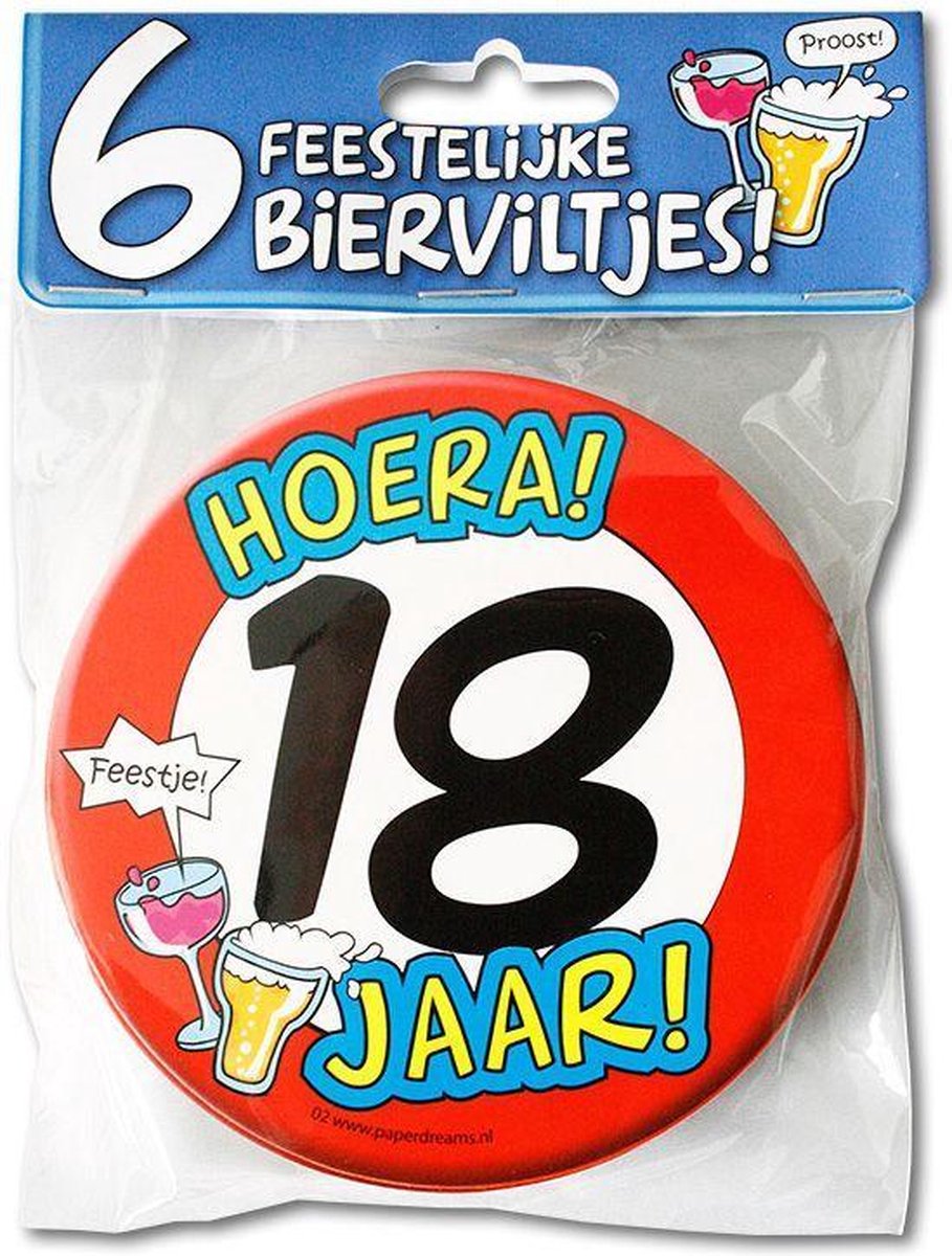 Bierviltjes hoera 18 jaar per 6 stuks