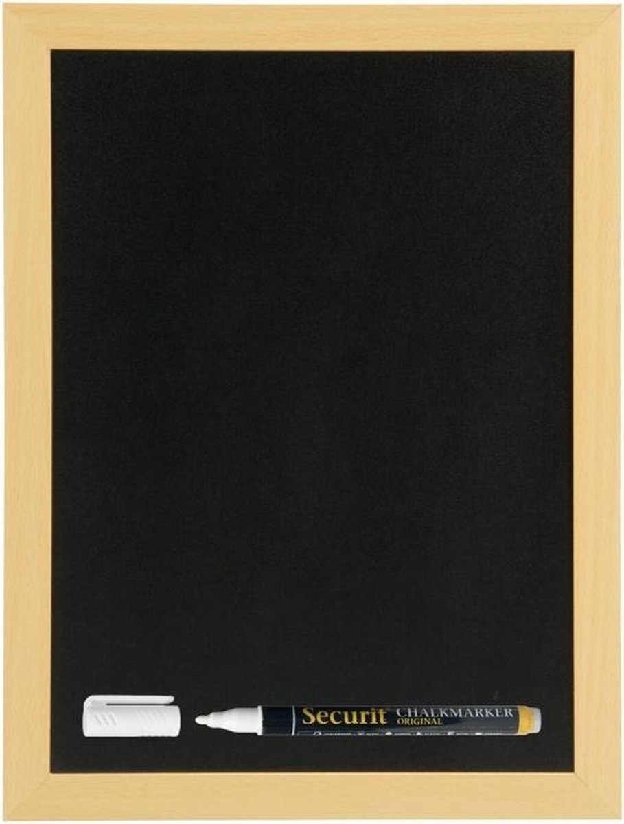 Zwart krijtbord met teak houten rand 30 x 40 cm inclusief stift
