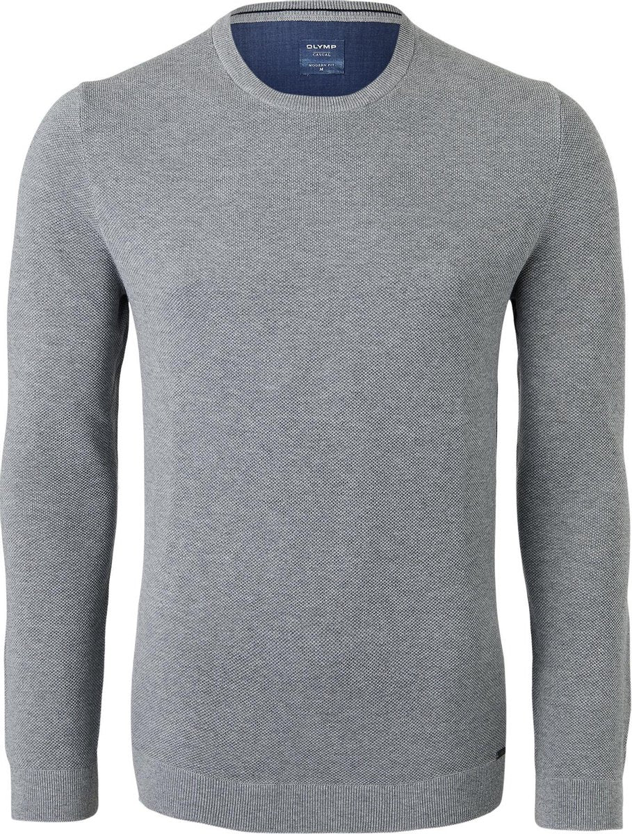 OLYMP modern fit trui katoen - O-hals - grijs structuur -  Maat: 3XL