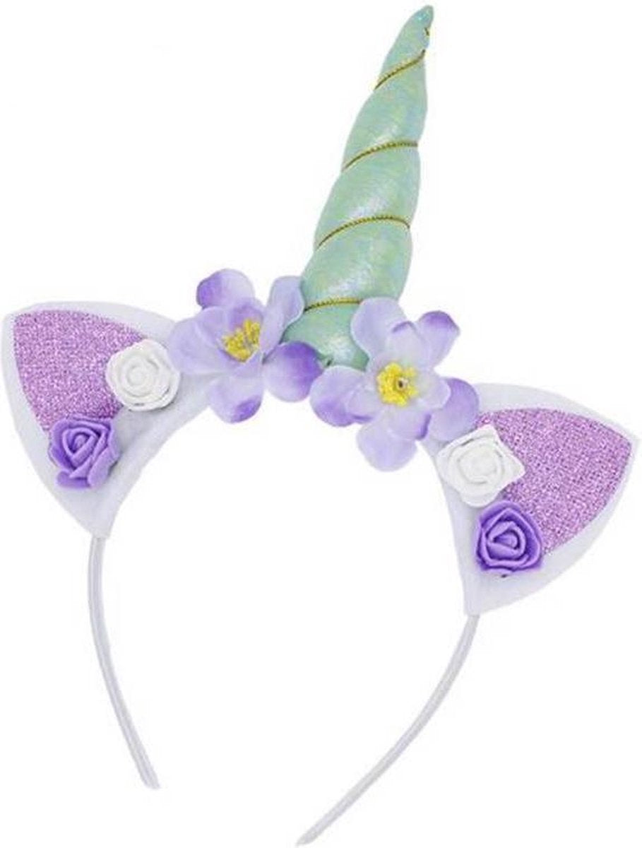 Eenhoorn haarband mintgroen unicorn diadeem met oortjes en bloemetjes - mintgroene hoorn - bloemen paars wit festival