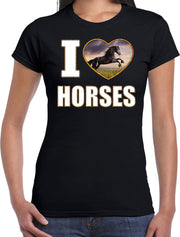 I love horses t-shirt met dieren foto van een zwart paard zwart voor dames - cadeau shirt paarden liefhebber L