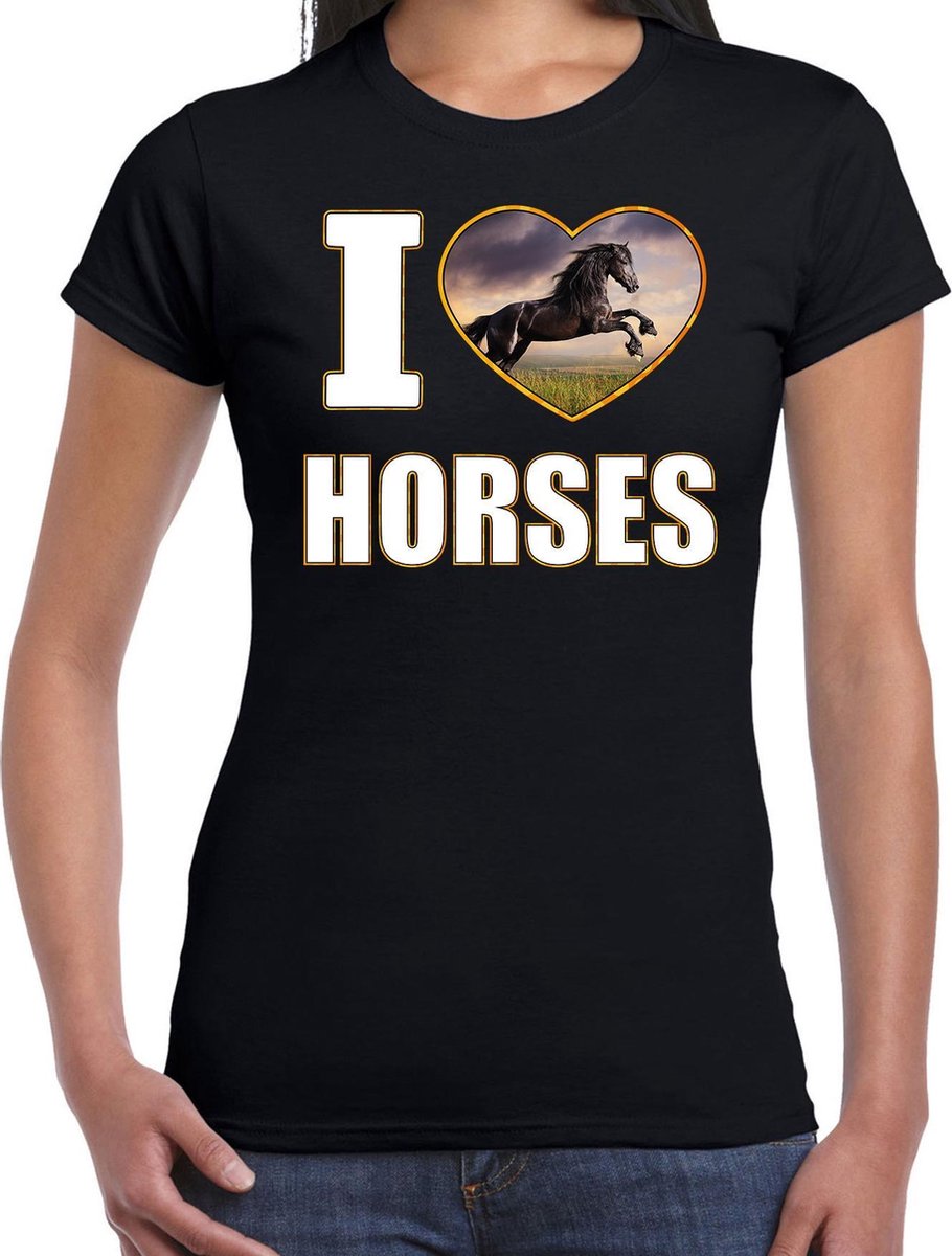 I love horses t-shirt met dieren foto van een zwart paard zwart voor dames - cadeau shirt paarden liefhebber L